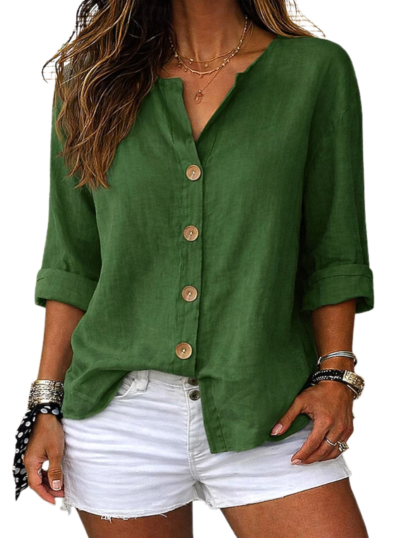 V-Neck Roll Sleeve Button Front Linen Look Shirt