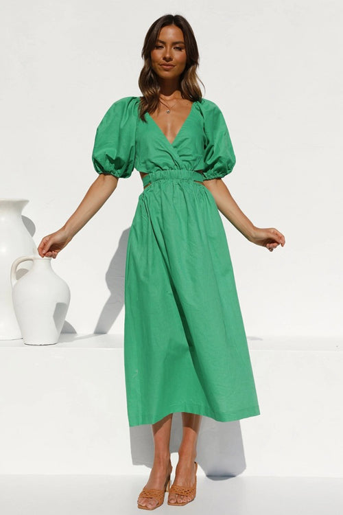 In Love Forever Puff Sleeve Cutout Midi Dress - 4 Colors Green