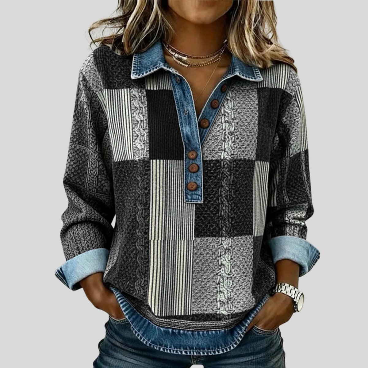 Patchwork Plaid Collared Quarter Button Long Sleeve Knit Pullover