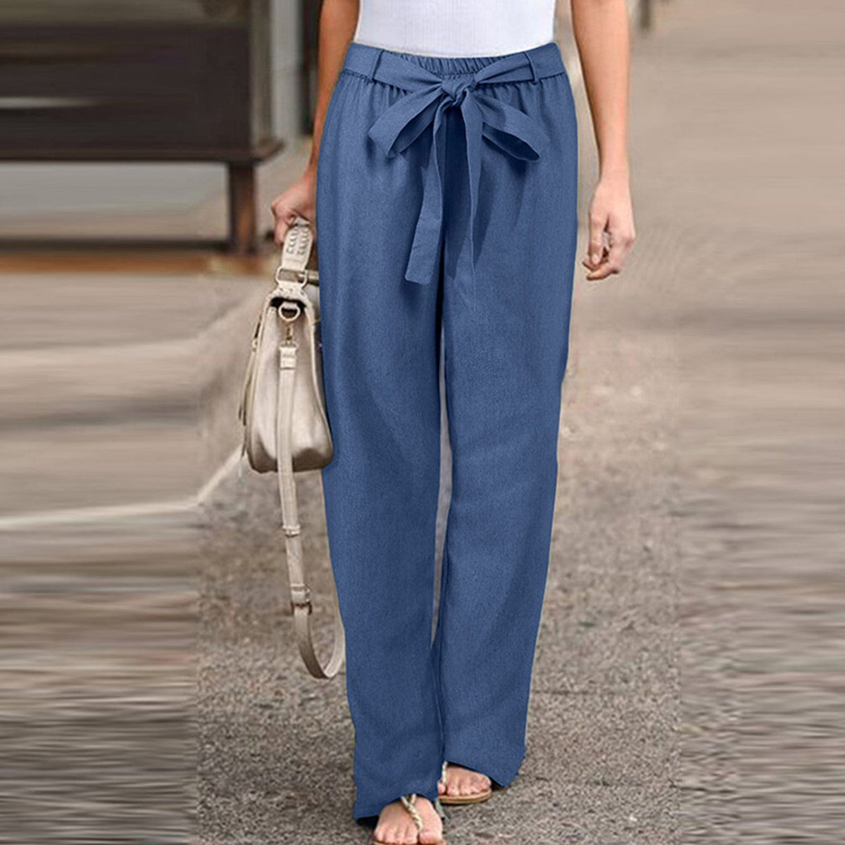 Tie Waist High Waist Wide Leg Linen Look Pants