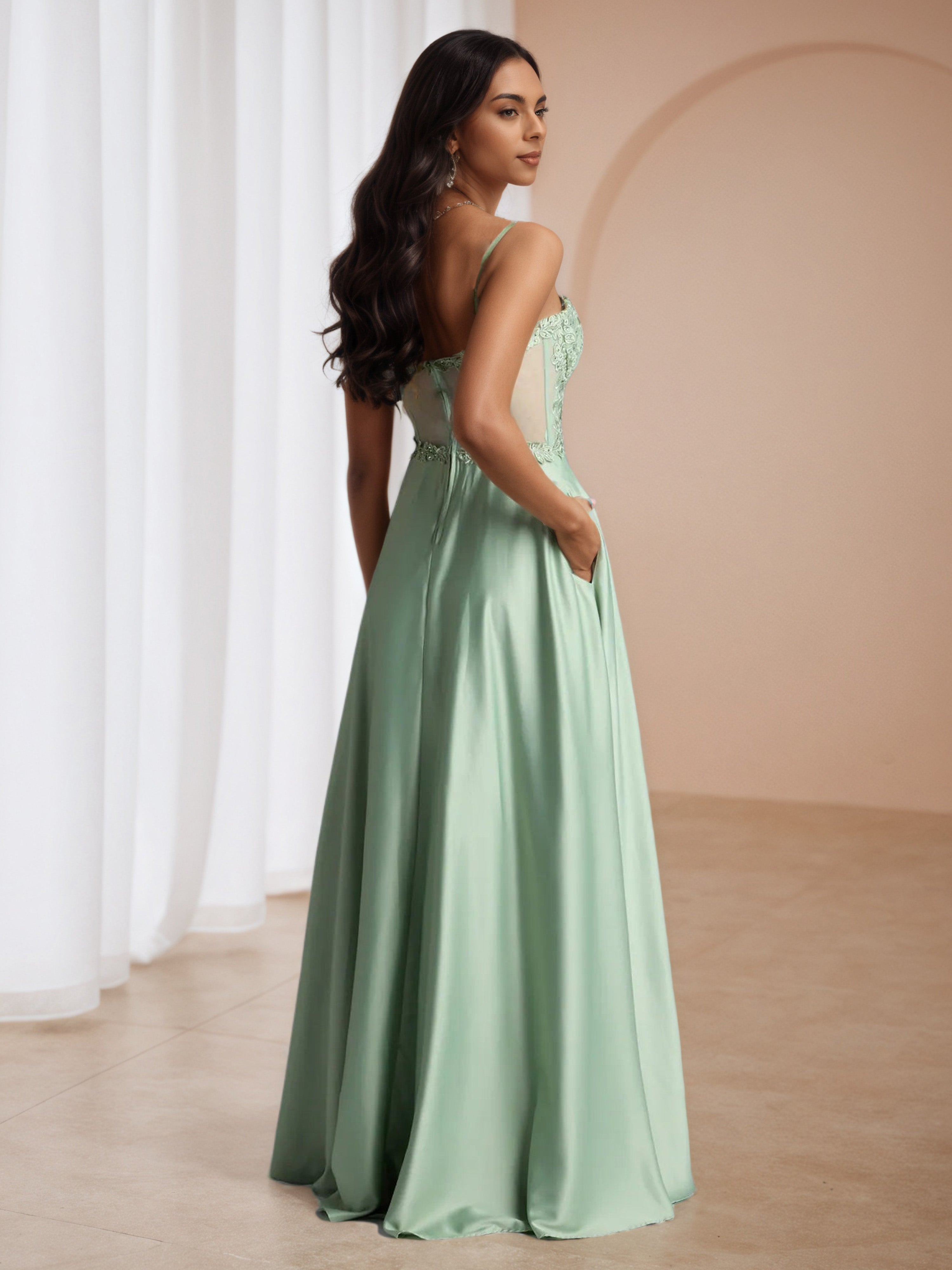 A-Line Dusty Sage Lace Appliques Formal Dresses