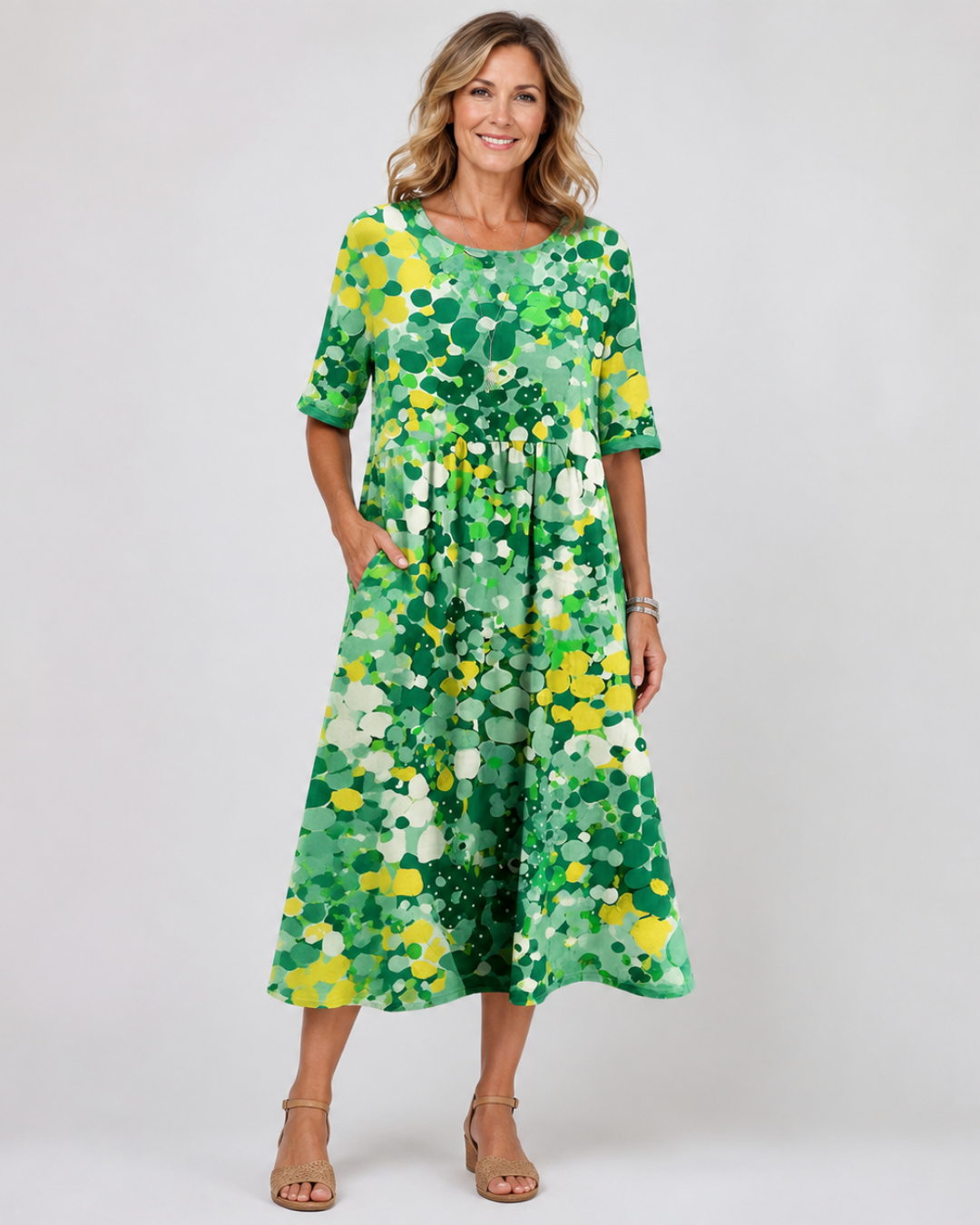 Floral Dot Print Round Neck Short Sleeve Midi Dress
