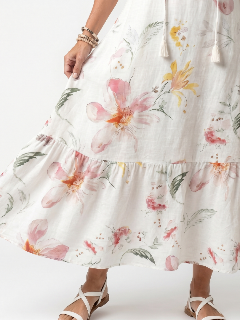 Floral Print V-Neck Short Sleeve Tiered Tassel Maxi Dress