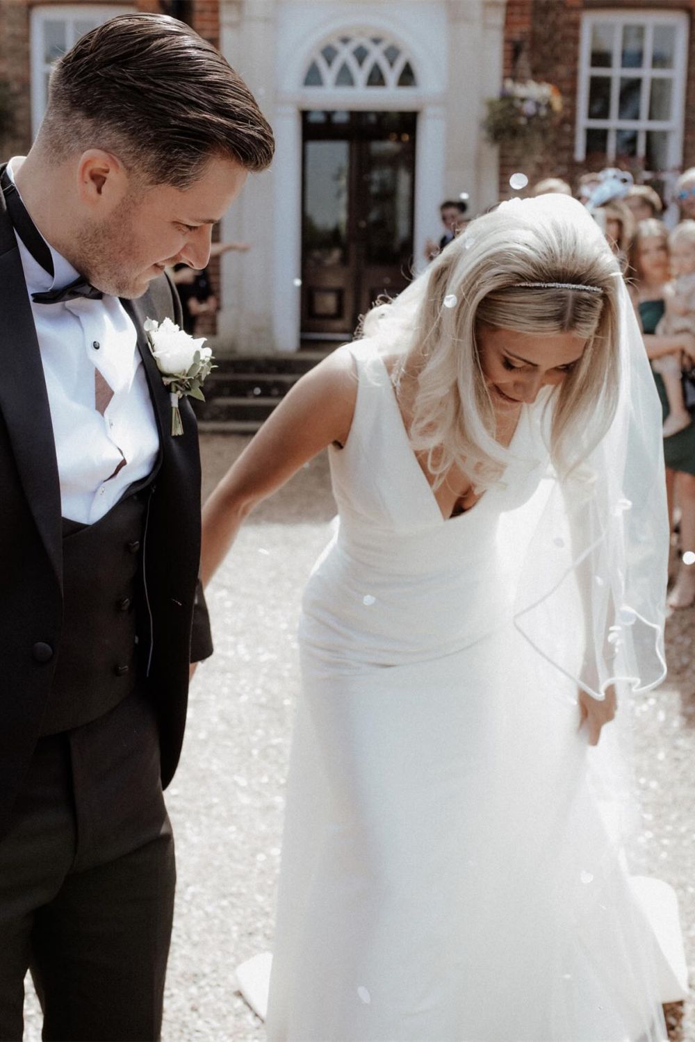 Simple Mermaid Deep V Neck White Satin Long Wedding Dress with Button Up