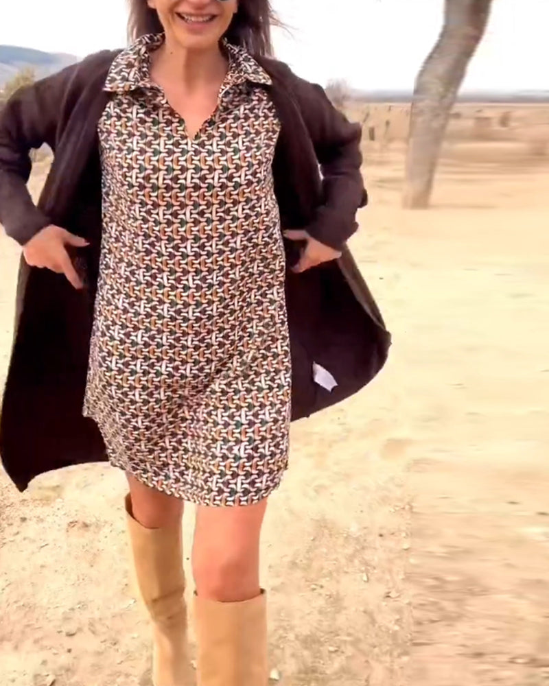 Printed lapel long sleeve dress