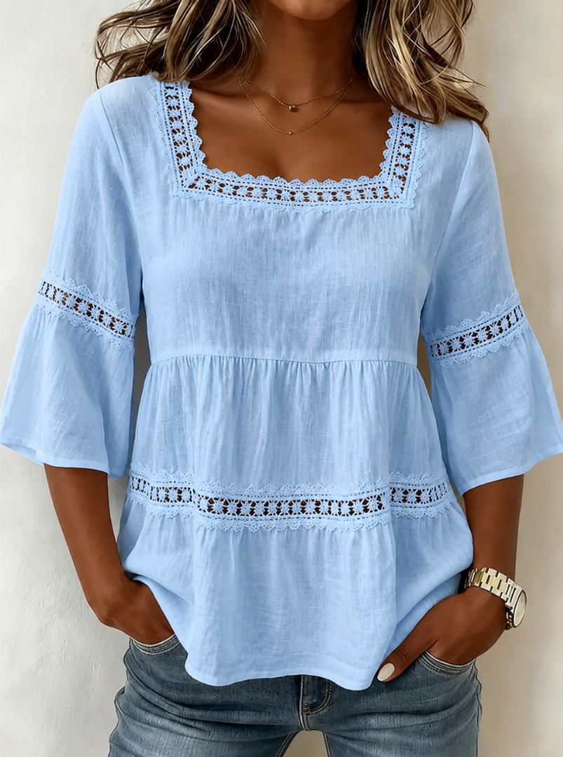 Crochet Lace Trim Square Neck Flare Sleeve Tiered Top
