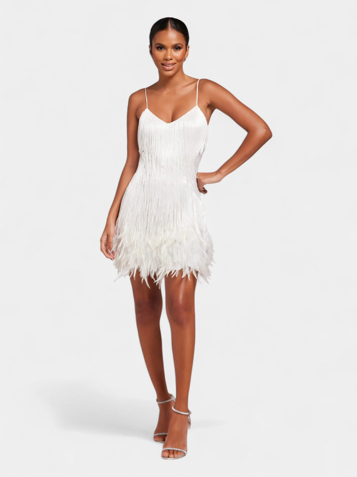 Spaghetti Strap Fringe Feather Hem Mini Dress