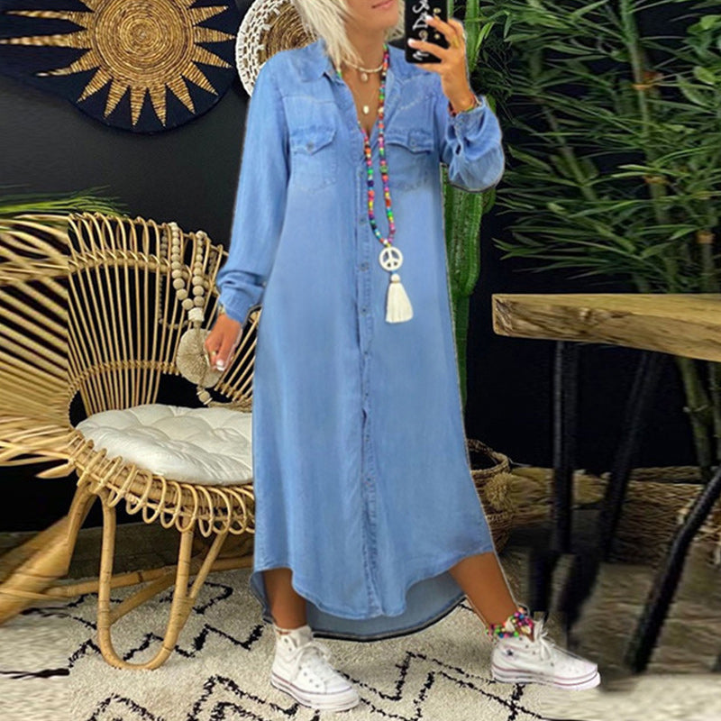 Denim Look Collared Button Front Long Sleeve Shirt Dress