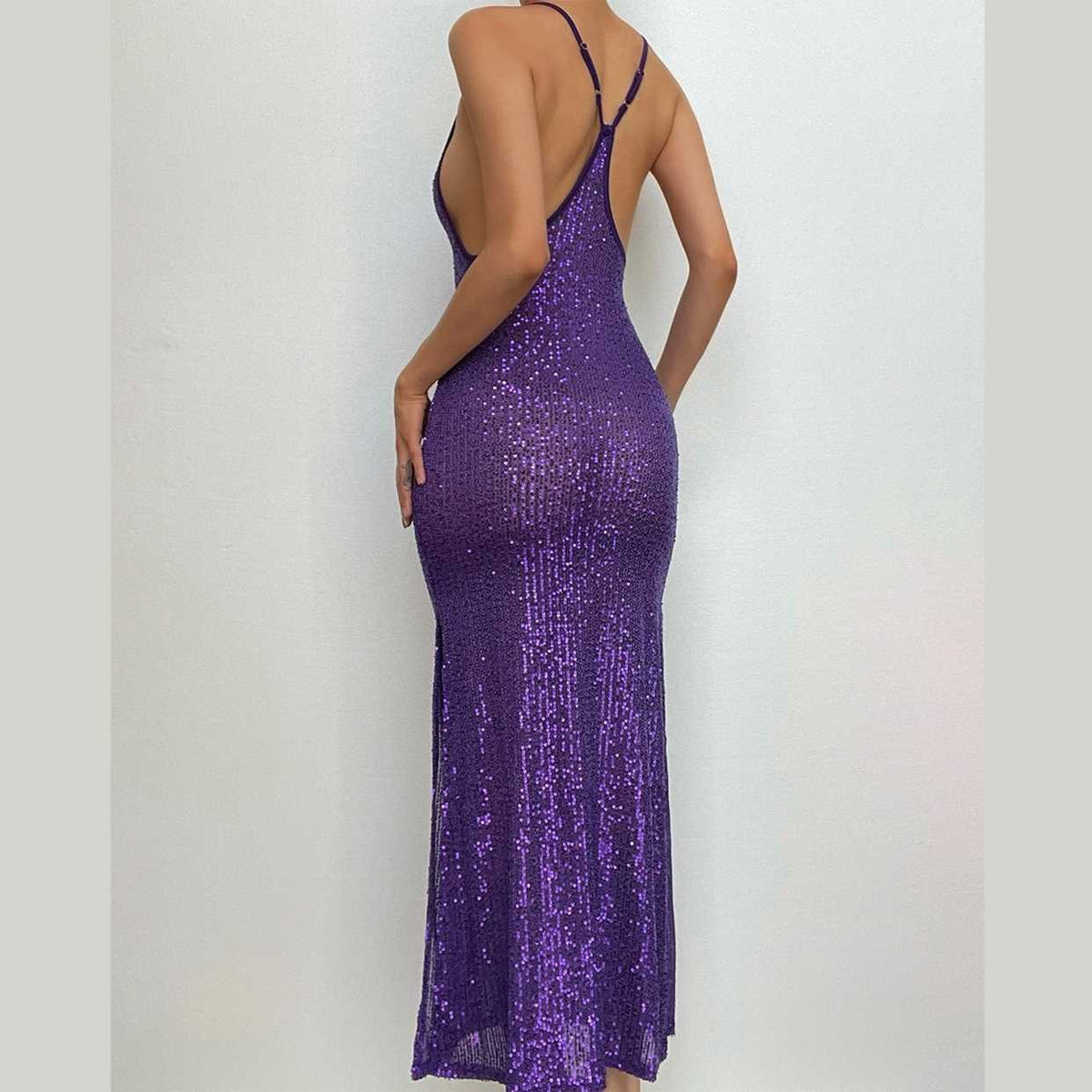 Sequin Spaghetti Strap Open Back Bodycon Maxi Dress