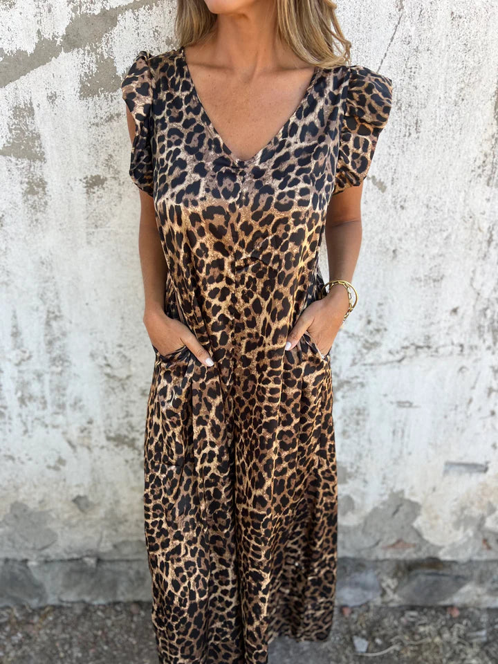 Leopard Print V Neck Jumpsuit With Front Pockets