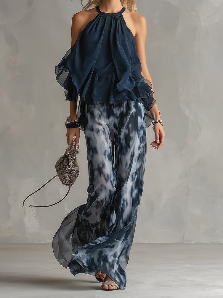 Halter Neck Ruffle Top and Tie Dye Wide Leg Pants Two Piece Set