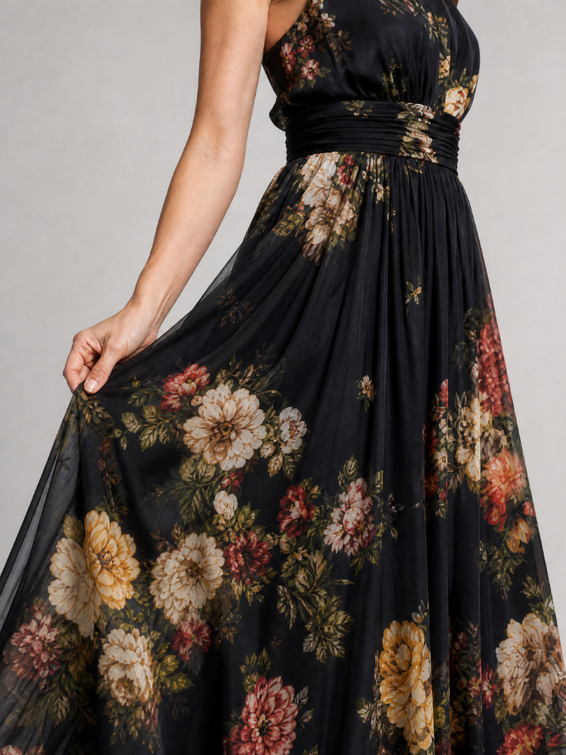 Floral Halter Neck Ruched Waist Maxi Dress
