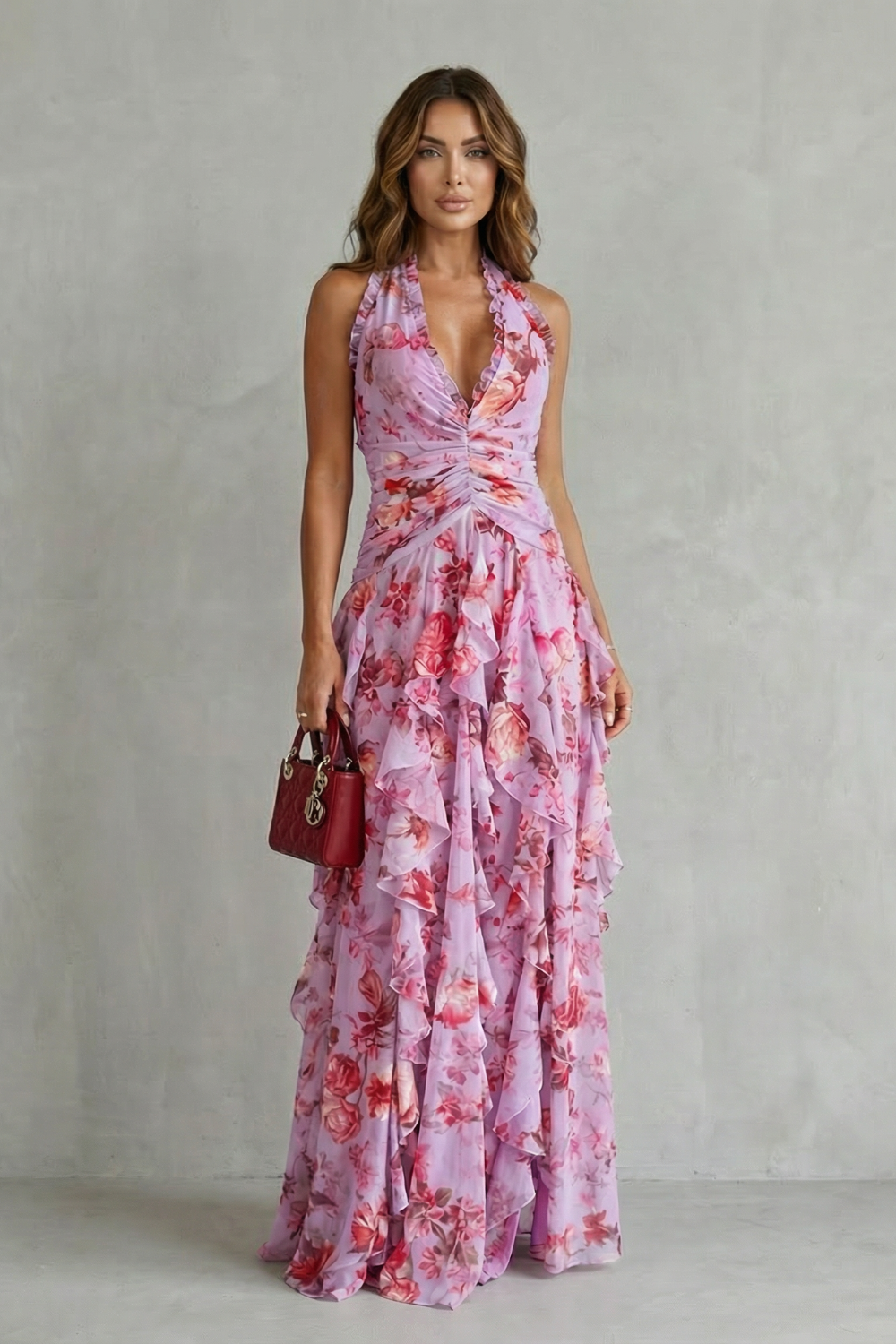Floral Halter Deep V-Neck Ruffle Chiffon Maxi Dress 2