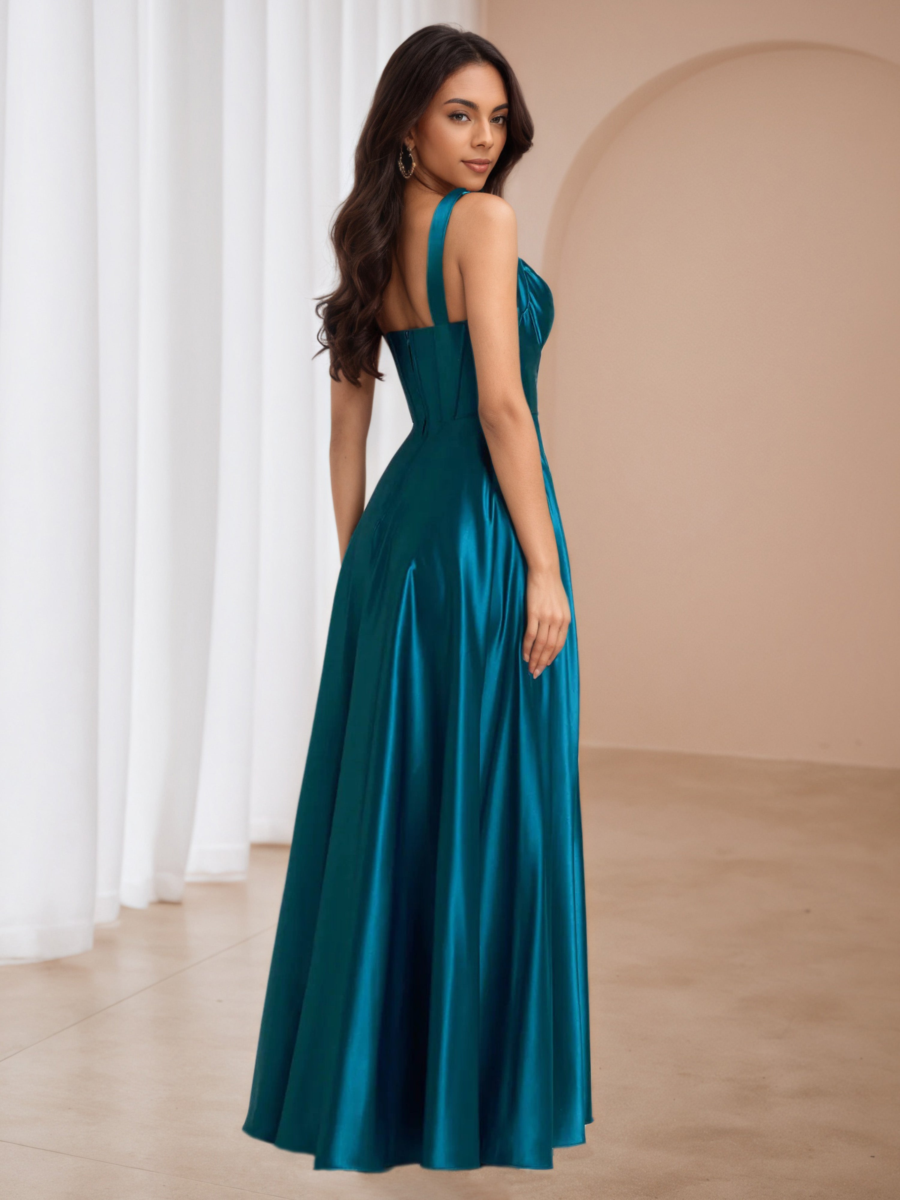 Ink Blue Satin Straps A-Line Formal Dresses