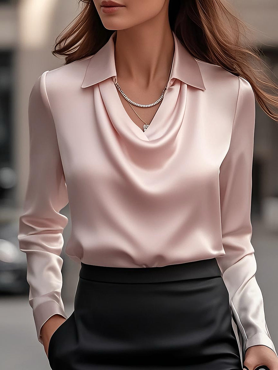 Satin Cowl Neck Collared Long Sleeve Blouse