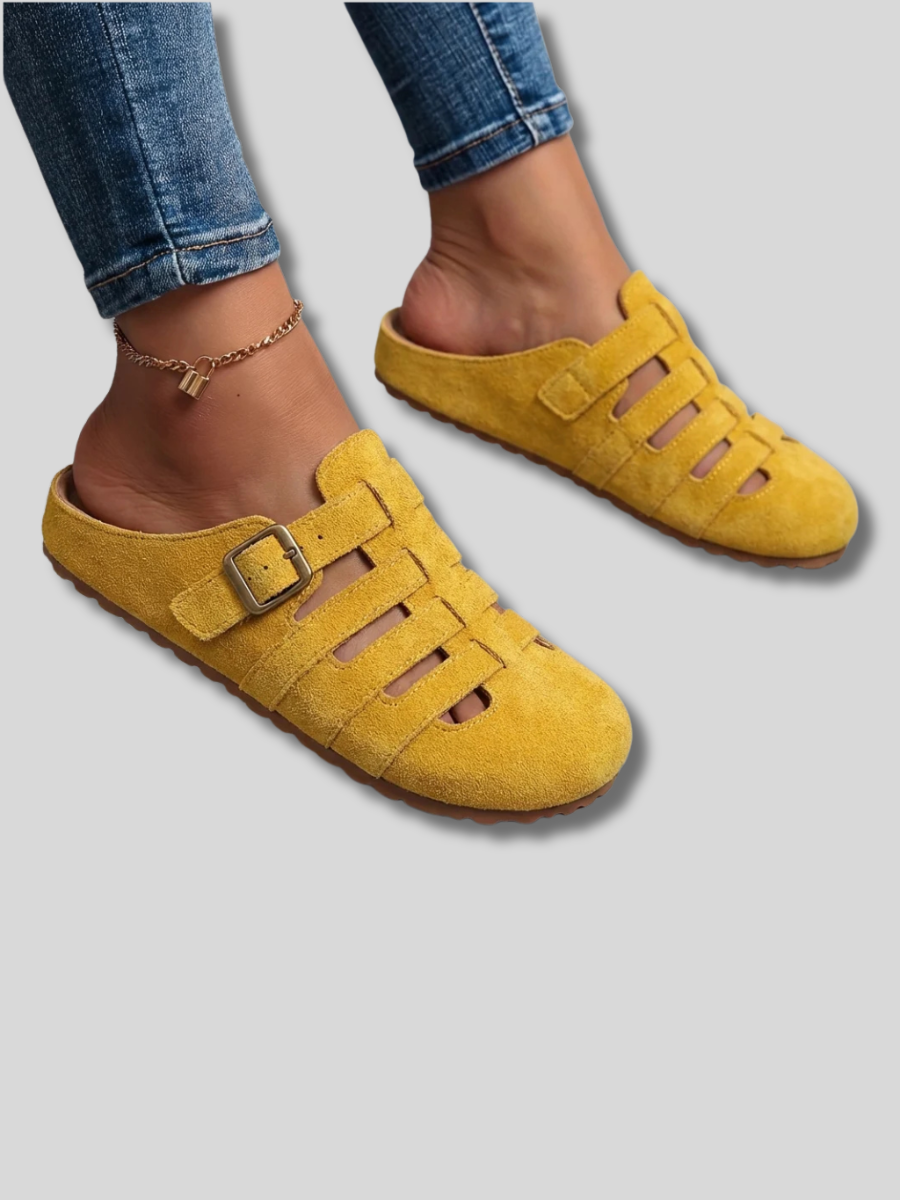 Closed Toe Caged Buckle Suede Mule Slides