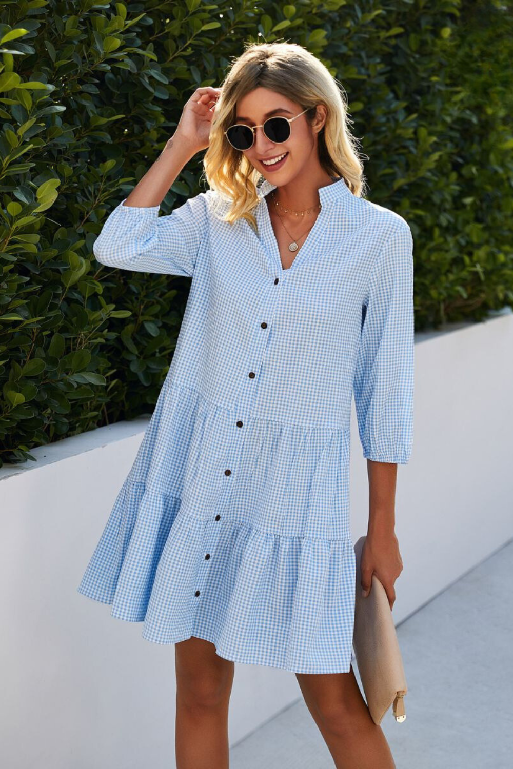 Silvia Minimalist Checked V Neck Dress Elevated Occasion Wear