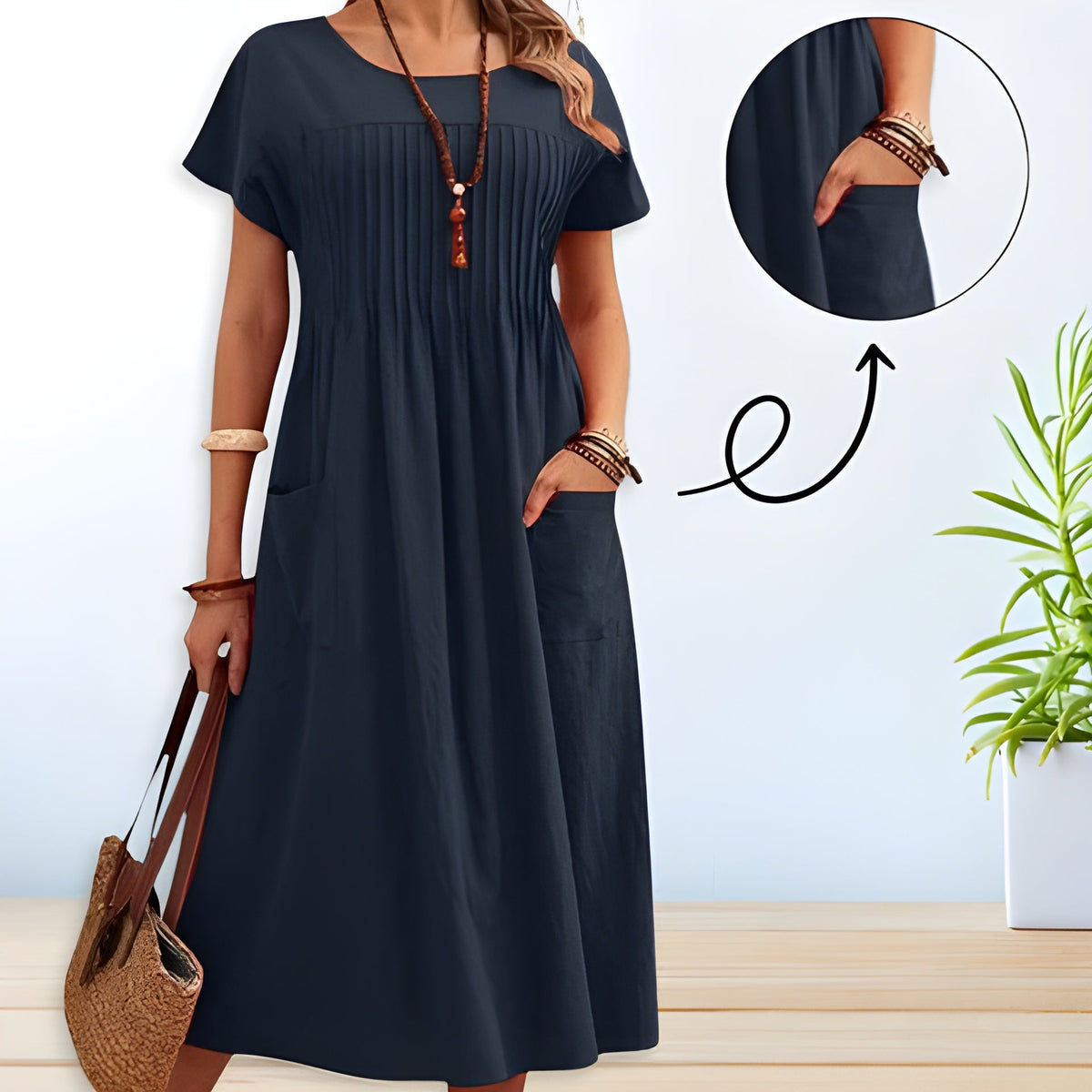 Round Neck Short Sleeve Pintuck Pocket Midi Dress