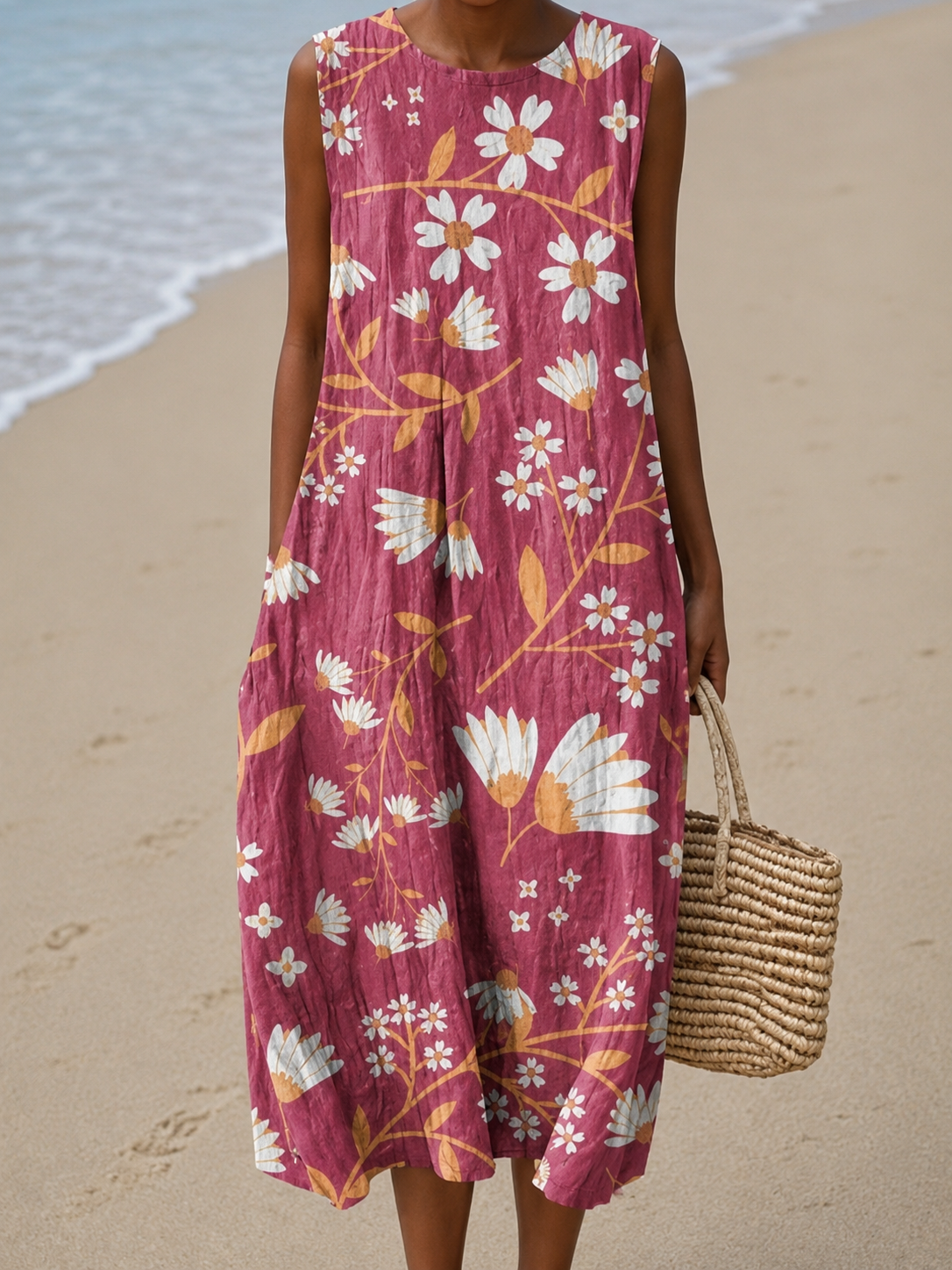 Floral Crew Neck Sleeveless Midi Dress