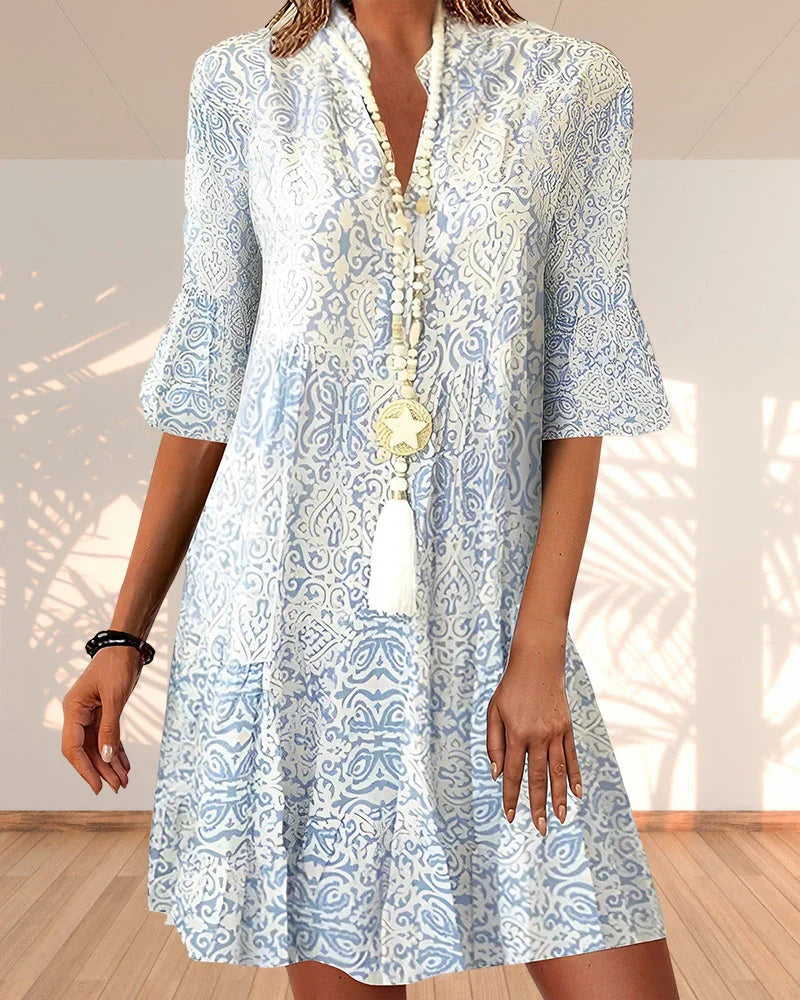 Paisley Print Bell Sleeve Tiered Mini Dress Summer