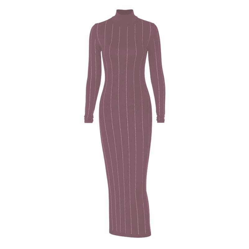 Long sleeve high neck beaded solid midi dress 3