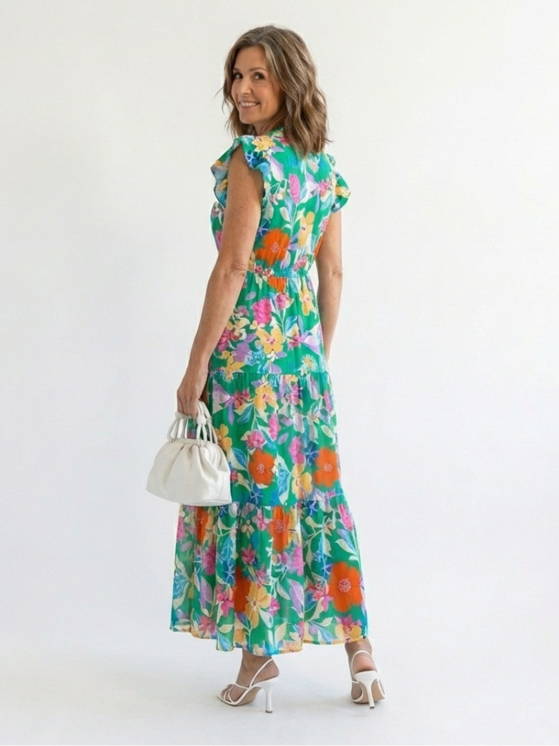 Floral Flutter Sleeve Split Neck Tiered Maxi Dress