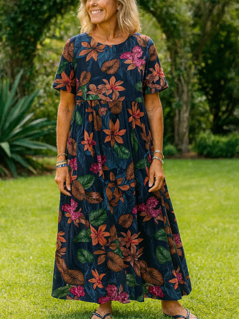 Tropical Floral Round Neck Short Sleeve Maxi Dress