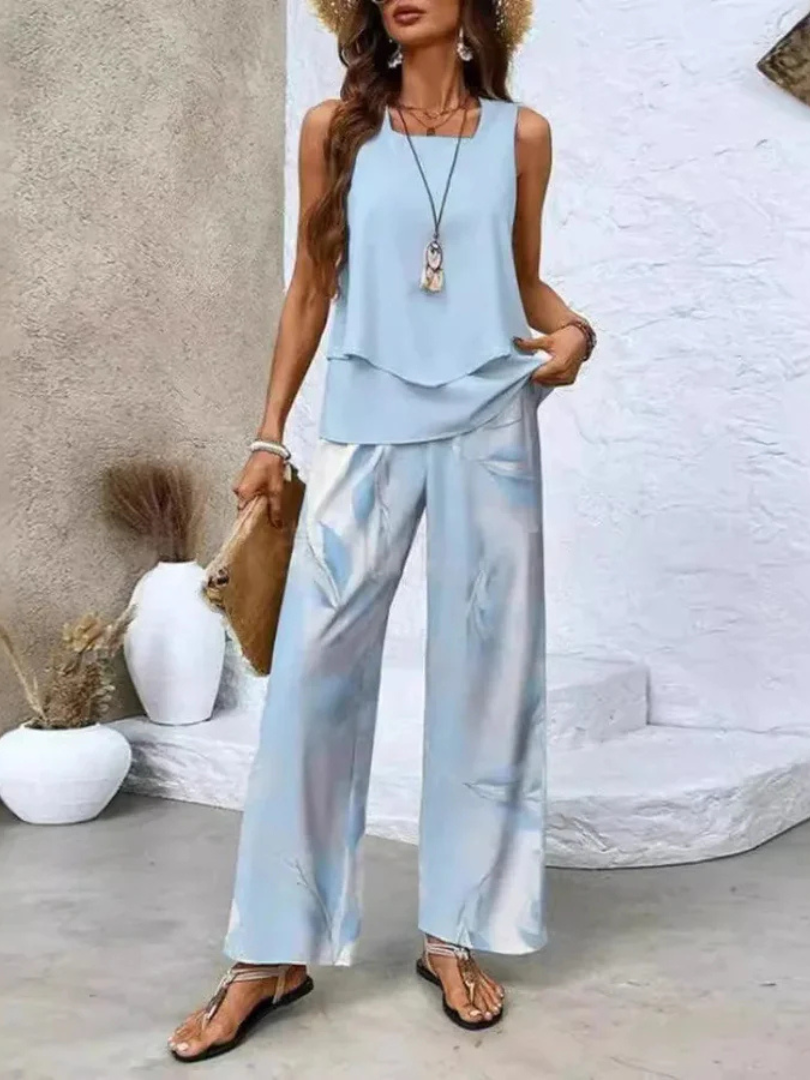 Sleeveless Layered Top and Floral Wide Leg Pants Two Piece Set