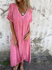 Linen V-Neck Short Sleeve Loose Midi Dress 5
