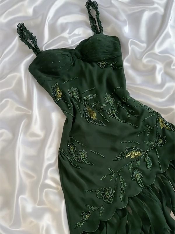 Dark Green Chiffon Ruffle Prom Dress Formal Dress Evening Party Dresses