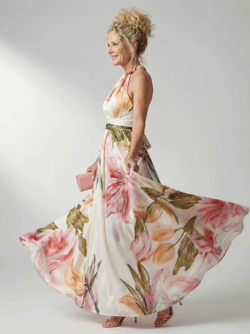 Floral Halter Neck One Shoulder Satin Maxi Dress