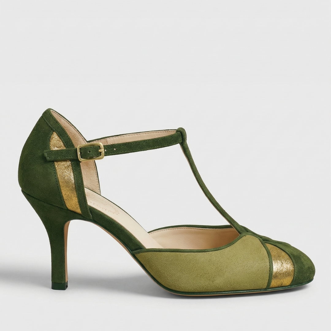 Suede T Strap Round Toe Mid Heel Pumps