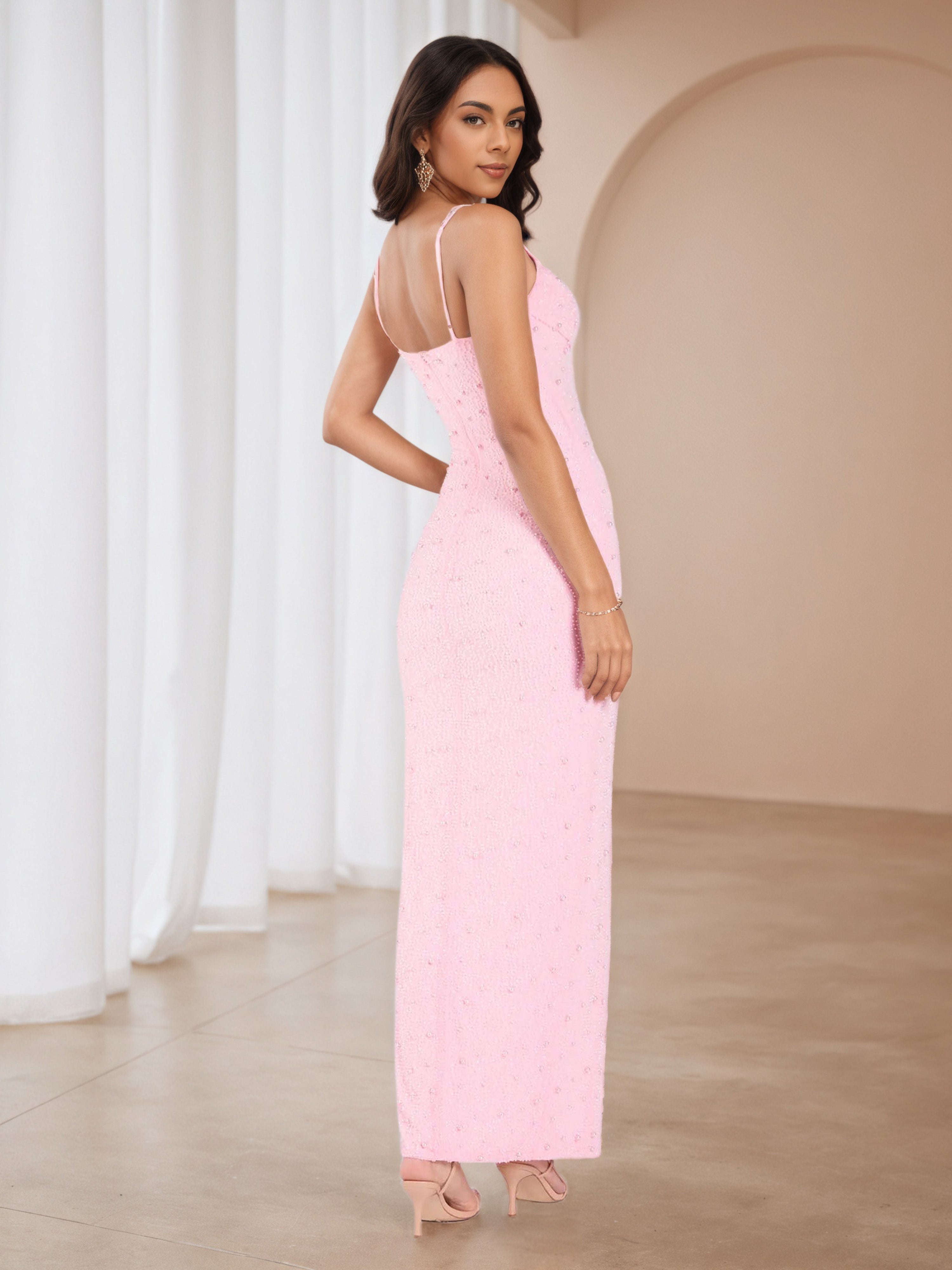 Spaghetti Straps Candy Pink Formal Dresses with Pearl