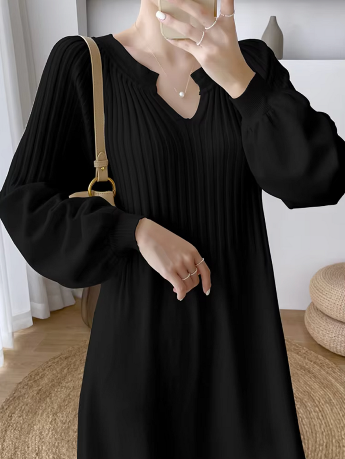 Notched V-Neck Lantern Sleeve Ribbed Knit A-Line Maxi Sweater Dress 6