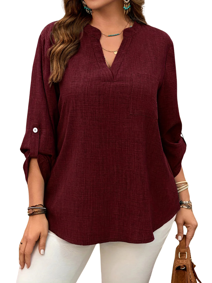 Notch V-Neck Roll Tab Long Sleeve Pocket Top