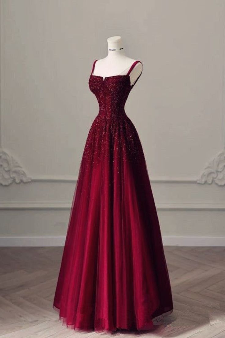 Burgundy Prom Dresses A Line Straps Tulle Evening Dresses