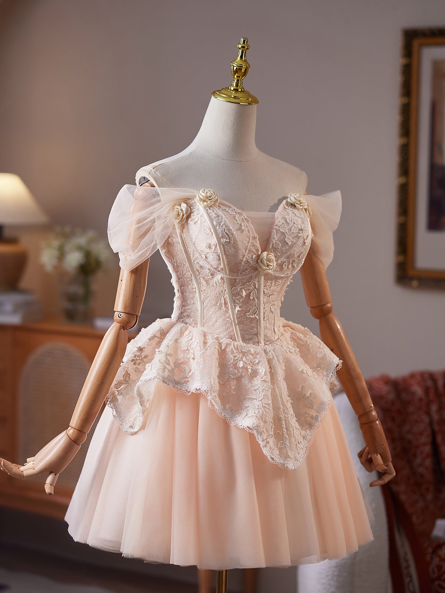 New Arrival  A Line Champagne Off The Shoulder Homecoming Dress with 3D Flower Appliques
