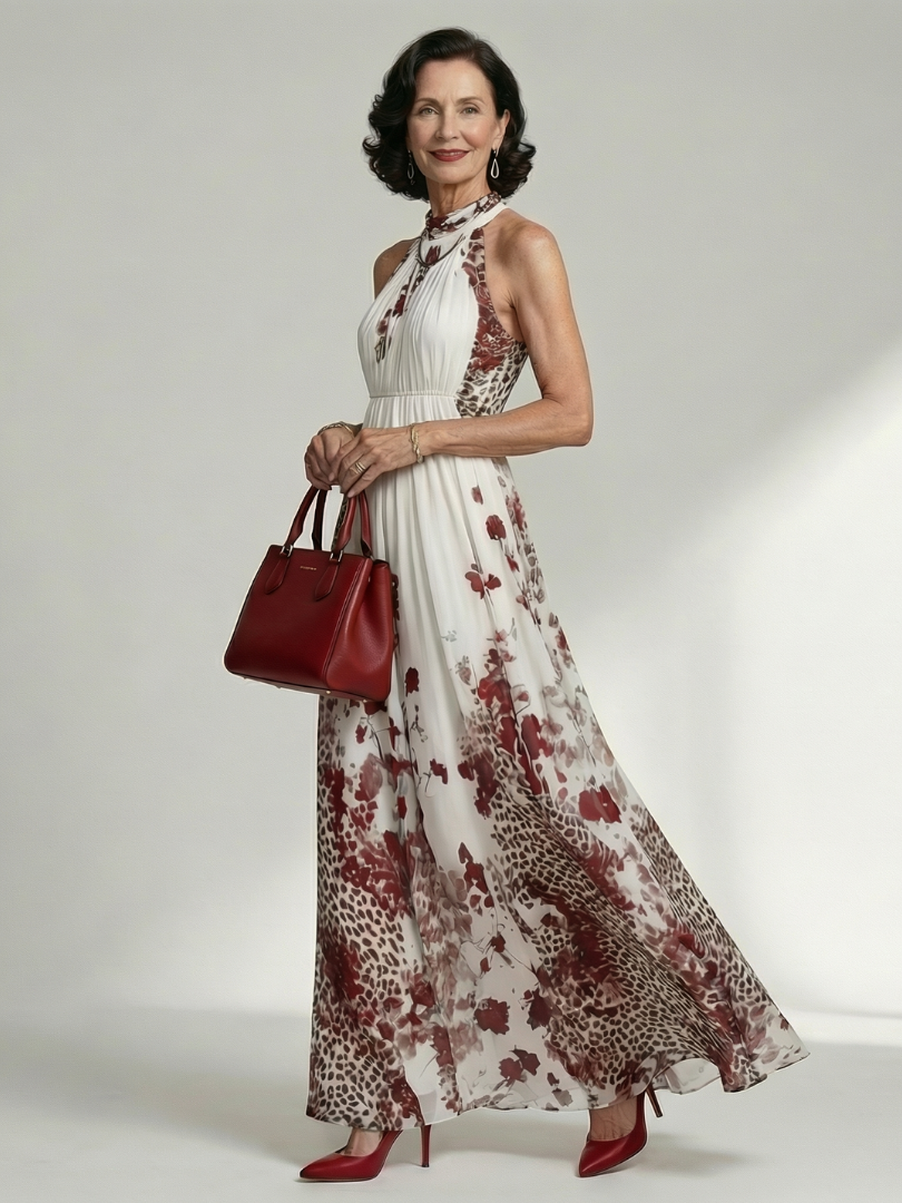 Halter Neck Floral Leopard Print Pleated Maxi Dress