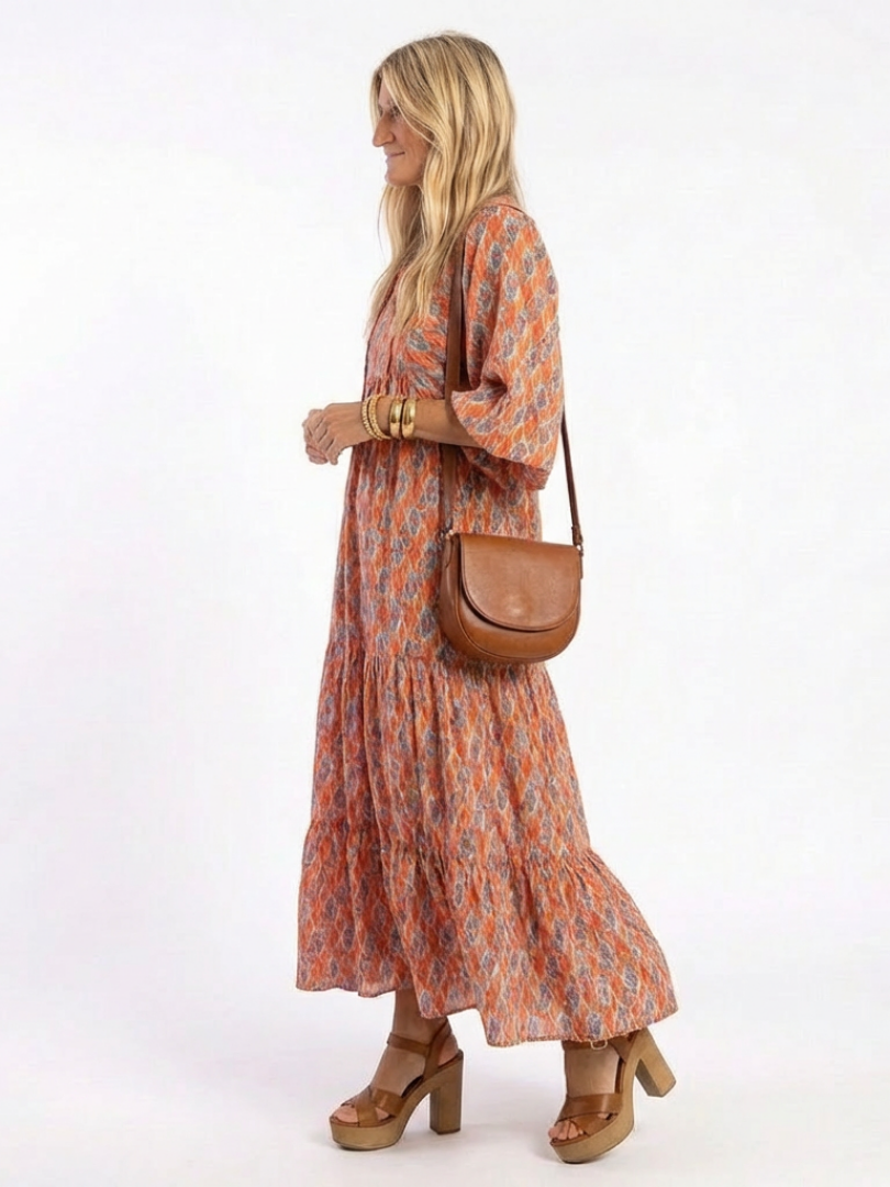 Ikat Print V-Neck Puff Sleeve Tiered Maxi Dress
