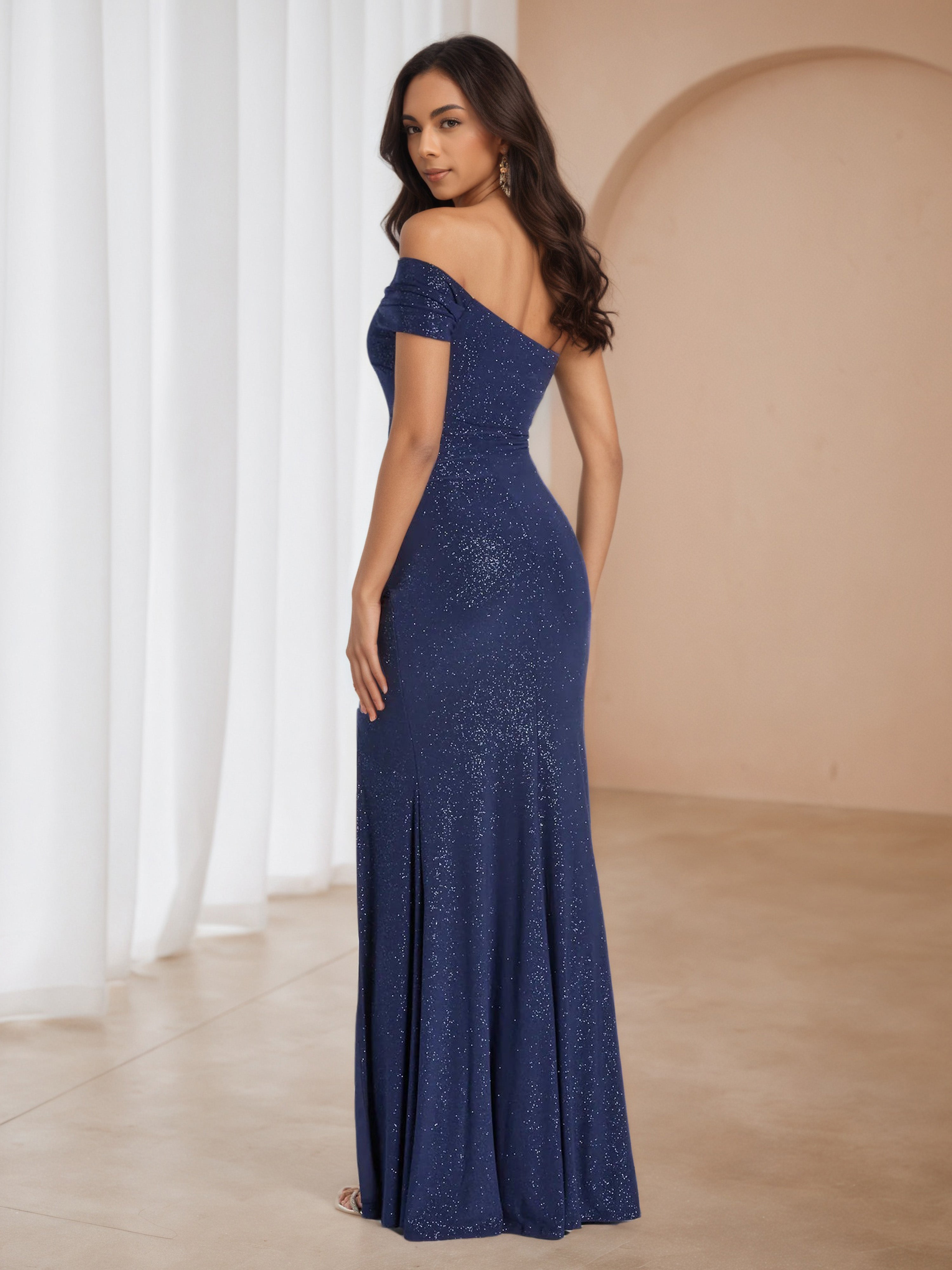 Glitter One-Shoulder Dark Navy Formal Formal Dresses
