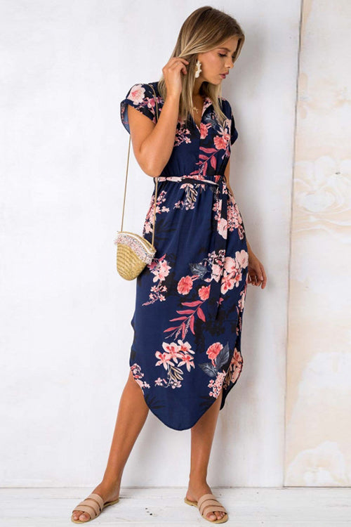 Split-neck Floral Print Midi Dress - 3 Colors Navy Blue