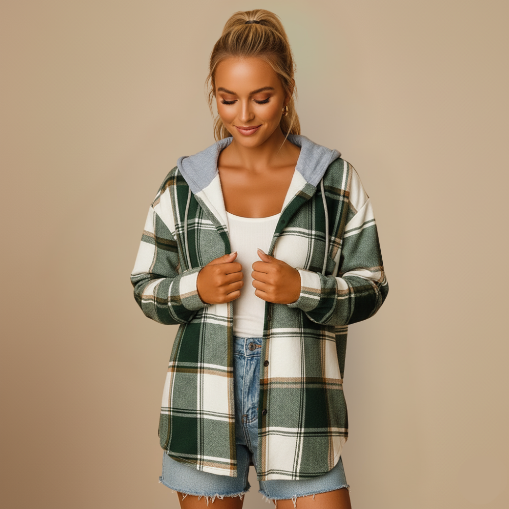 Chic Plaid Hooded Jacket – Relaxed Casual Fit