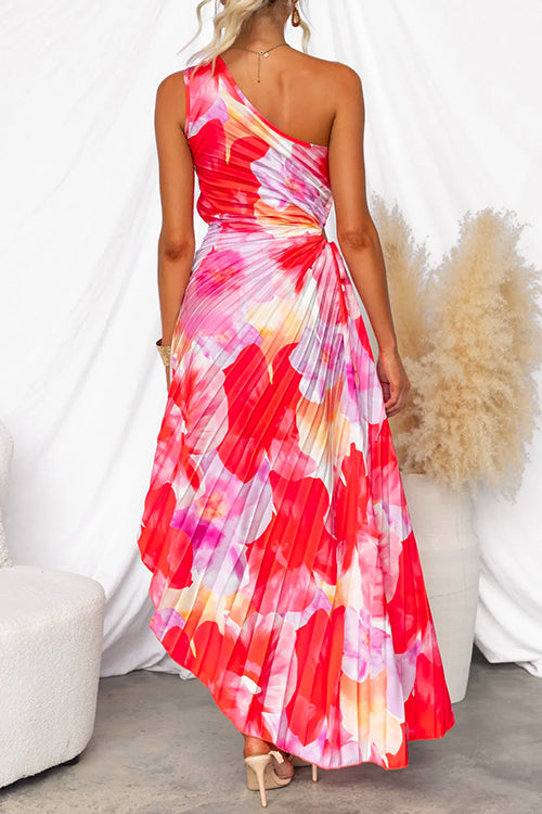 Floral Print One Shoulder Pleated Maxi Dress