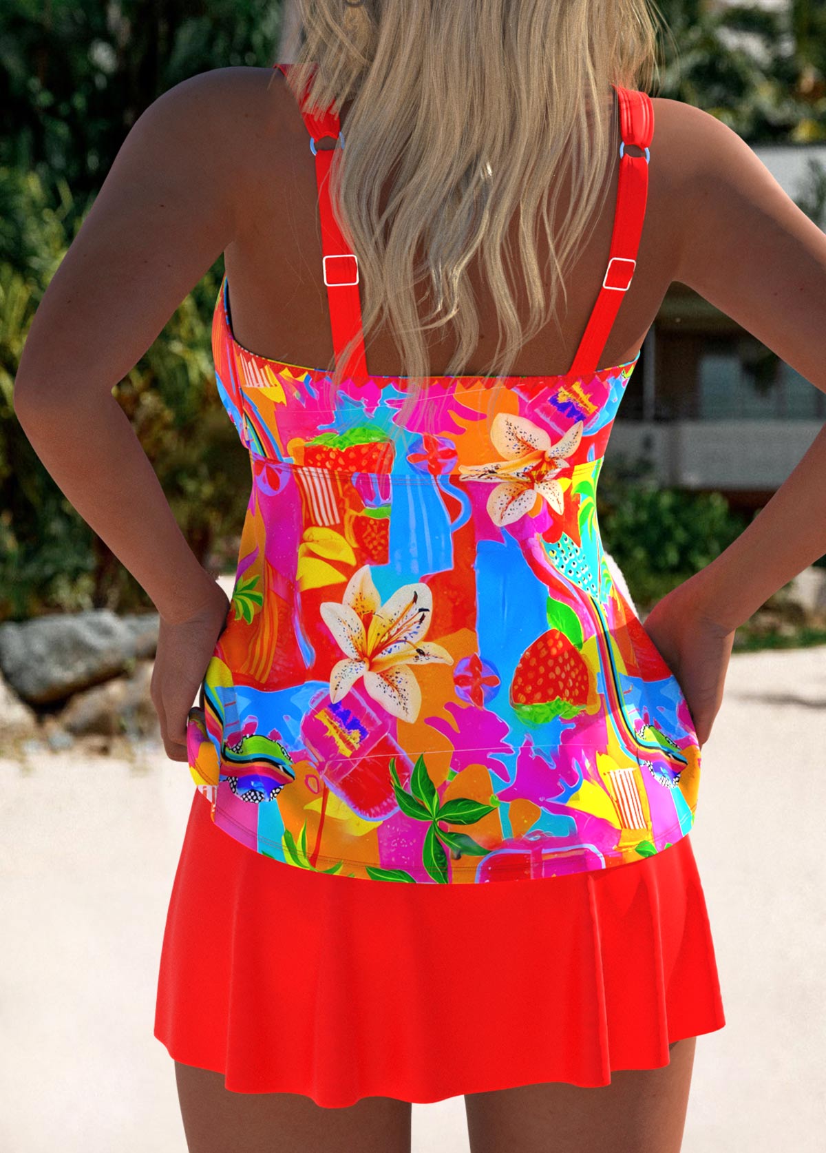 Floral Print Scoop Neck Tankini Swim Dress