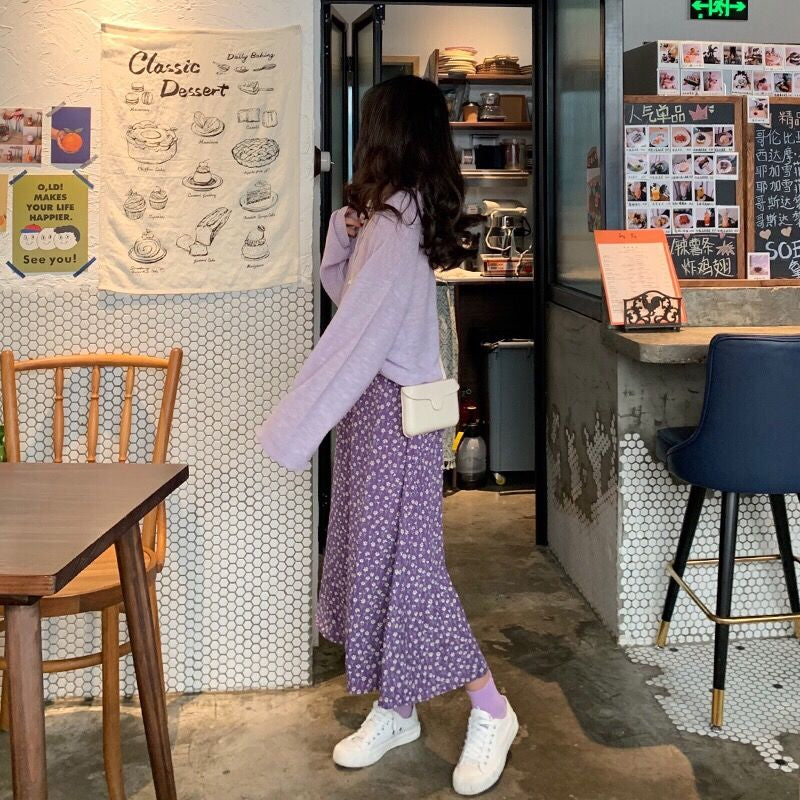 Flowers Pattern A-Line Chiffon Purple Skirts