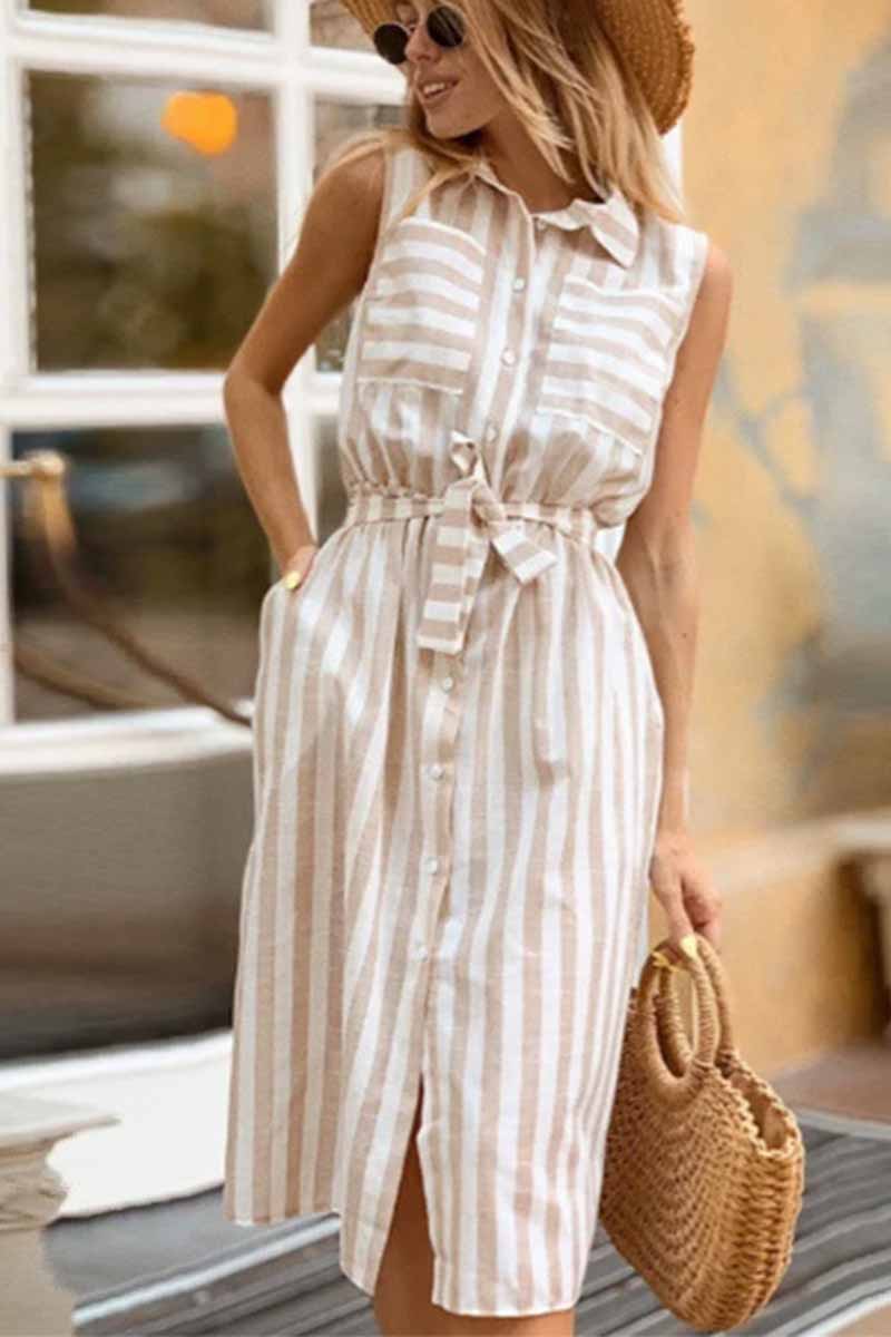 Florcoo Lapel Striped Pockets Mini Dress