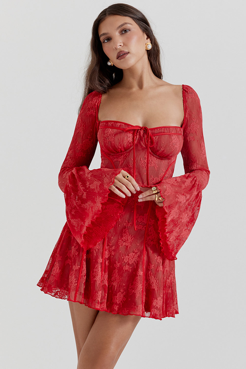 Floral Lace Bell Sleeve Corset Fit and Flare Mini Dress