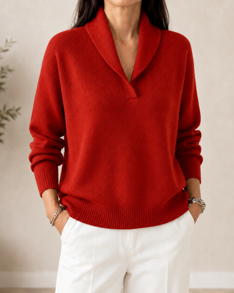 Shawl Collar V-Neck Long Sleeve Knit Sweater