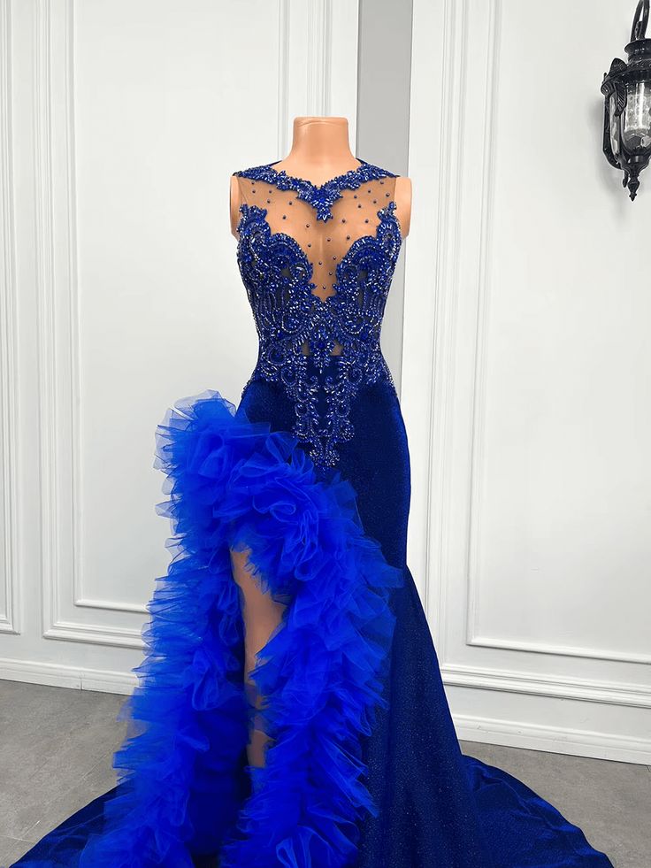 Royal Blue Mermaid Prom Dress Ruffled Evening Dresses with Slit    fg7640