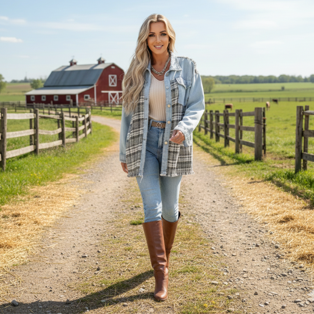 Denim Jacket with Plaid Patchwork and Button Closure